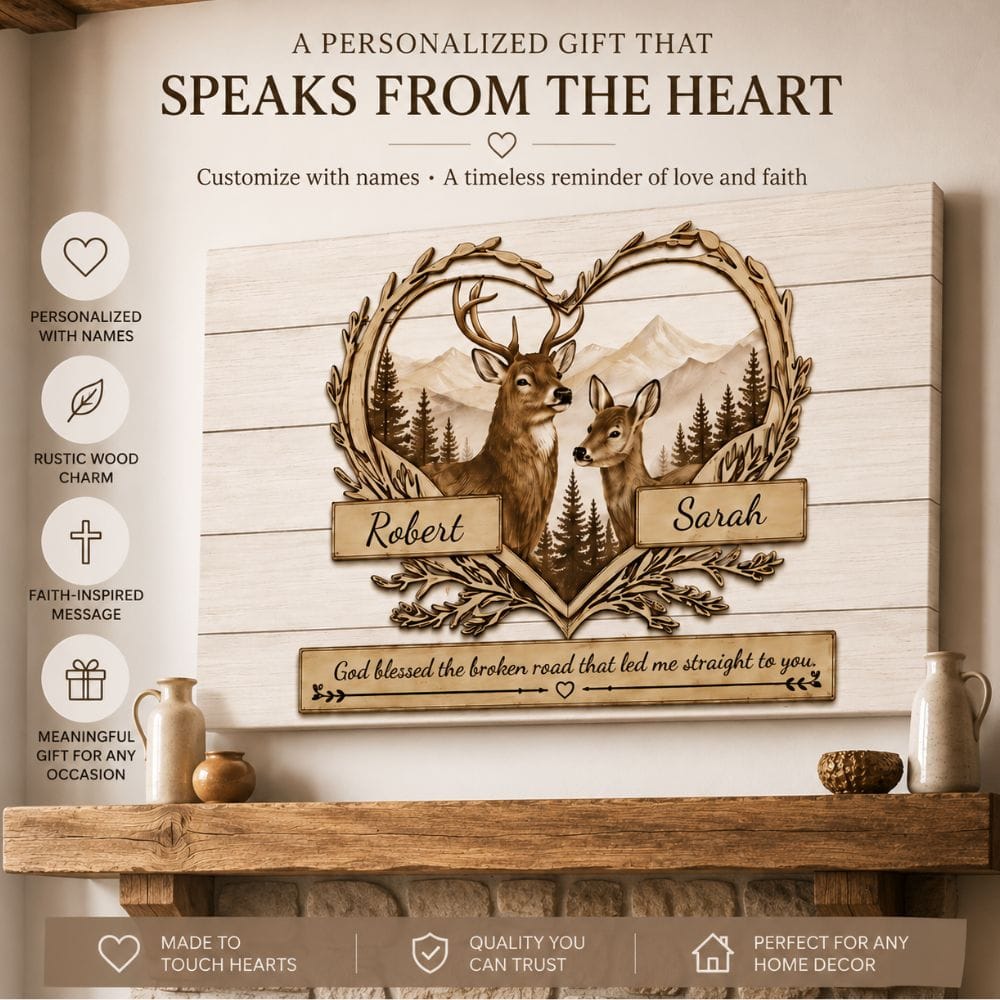 Personalized Deer Couple Wooden Style Canvas – Custom Name Rustic Farmhouse Wall Art for Couples Prints