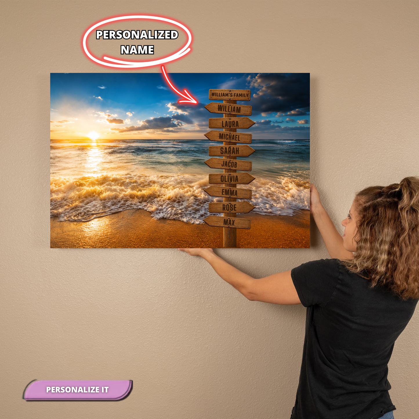 Personalized Beach Family Canvas | Custom Family Name Ocean Wall Art | Family Signpost Canvas | Personalized Family Gift