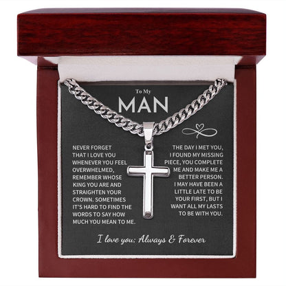 My Man Gift, "Remember Whose King You Are", Cuban Chain with Artisan Cross Necklace Jewelry