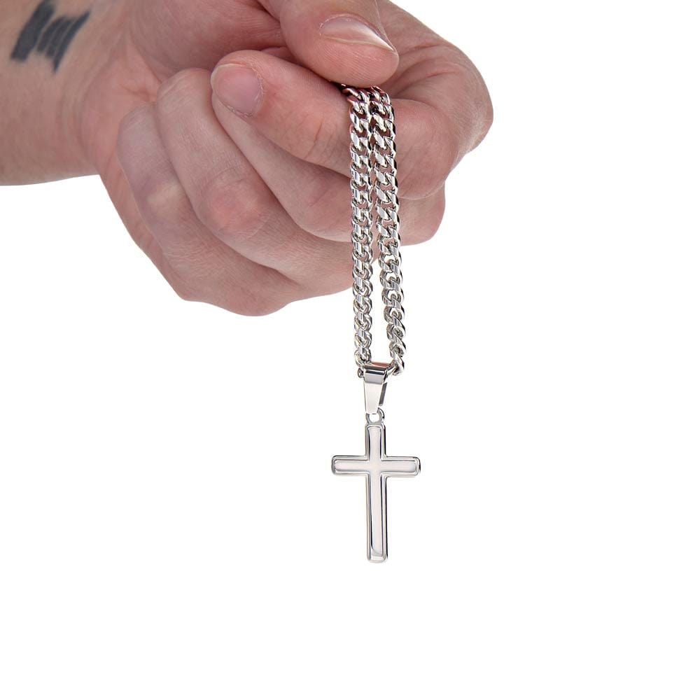 My Man Gift, "Remember Whose King You Are", Cuban Chain with Artisan Cross Necklace Jewelry