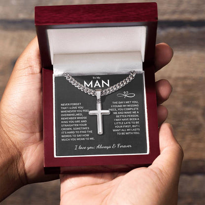 My Man Gift, "Remember Whose King You Are", Cuban Chain with Artisan Cross Necklace Jewelry