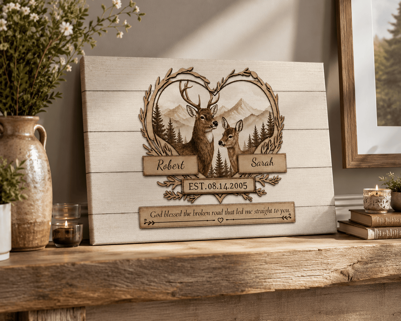 Personalized Deer Couple Canvas Wall Art – Rustic Woodland Anniversary Gift for Couples Prints