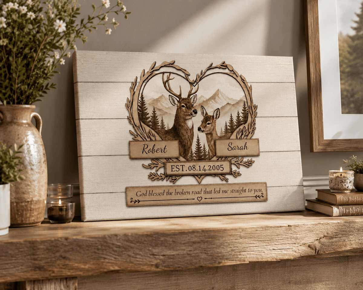 Personalized Deer Couple Canvas Wall Art – Rustic Woodland Anniversary Gift for Couples Prints