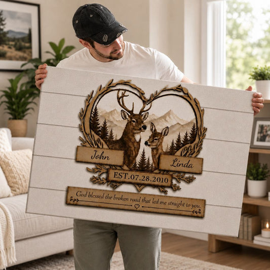 Personalized Deer Couple Canvas Wall Art – Rustic Woodland Anniversary Gift for Couples Prints