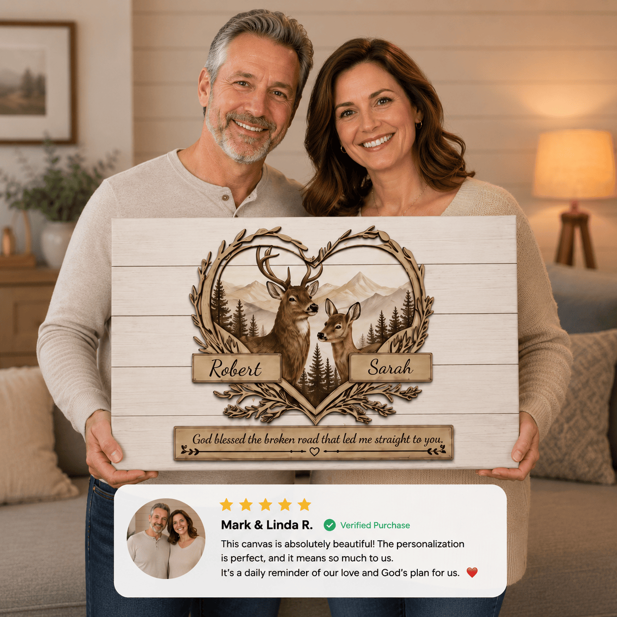 Personalized Deer Couple Wooden Style Canvas – Custom Name Rustic Farmhouse Wall Art for Couples Prints
