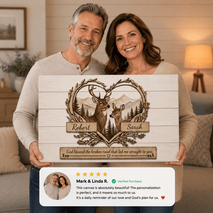 Personalized Deer Couple Wooden Style Canvas – Custom Name Rustic Farmhouse Wall Art for Couples Prints