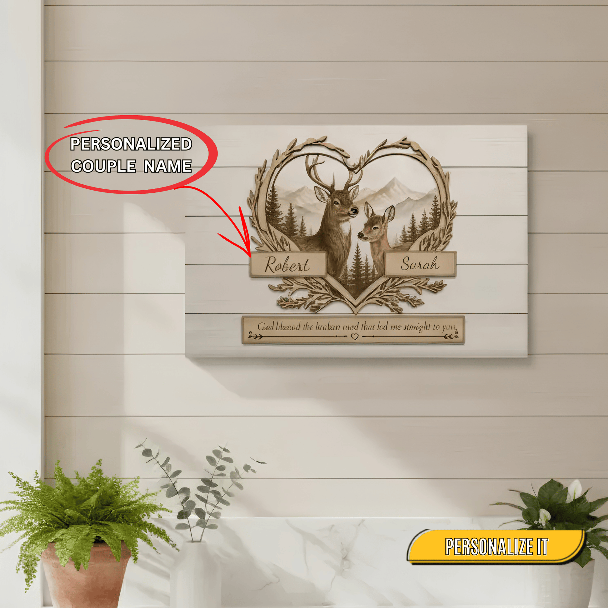 Personalized Deer Couple Wooden Style Canvas – Custom Name Rustic Farmhouse Wall Art for Couples Prints