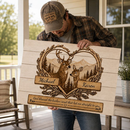 Personalized Deer Couple Wooden Style Canvas – Custom Name Rustic Farmhouse Wall Art for Couples Prints