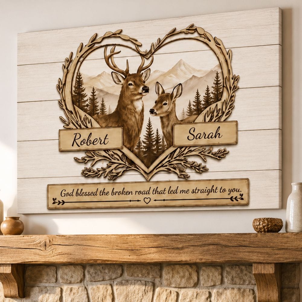 Personalized Deer Couple Wooden Style Canvas – Custom Name Rustic Farmhouse Wall Art for Couples Prints