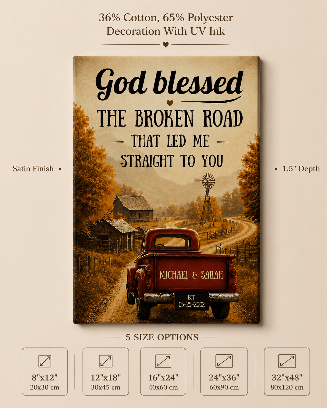 Personalized God Blessed the Broken Road Canvas – Custom Couple Names Rustic Farmhouse Wall Art Prints