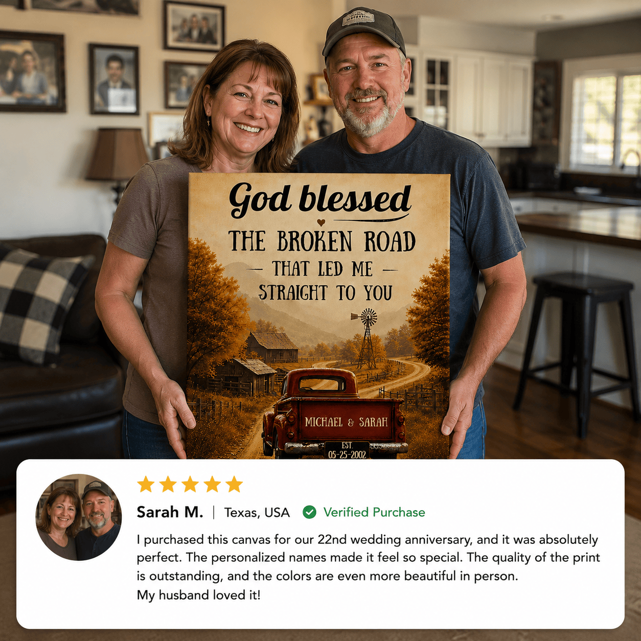 Personalized God Blessed the Broken Road Canvas – Custom Couple Names Rustic Farmhouse Wall Art Prints