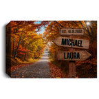 Personalized Autumn Couple Canvas Wall Art | Custom Name Rustic Signpost Canvas | Anniversary Gift for Couple | Wedding Date Canvas | Fall Forest Home Decor Wall Art