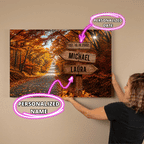 Personalized Autumn Couple Canvas Wall Art | Custom Name Rustic Signpost Canvas | Anniversary Gift for Couple | Wedding Date Canvas | Fall Forest Home Decor Wall Art