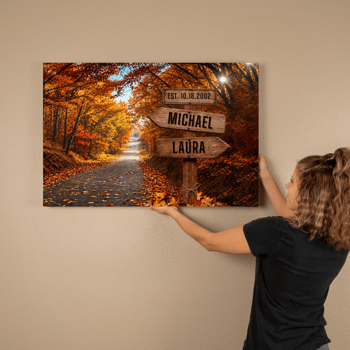 Personalized Autumn Couple Canvas Wall Art | Custom Name Rustic Signpost Canvas | Anniversary Gift for Couple | Wedding Date Canvas | Fall Forest Home Decor Wall Art