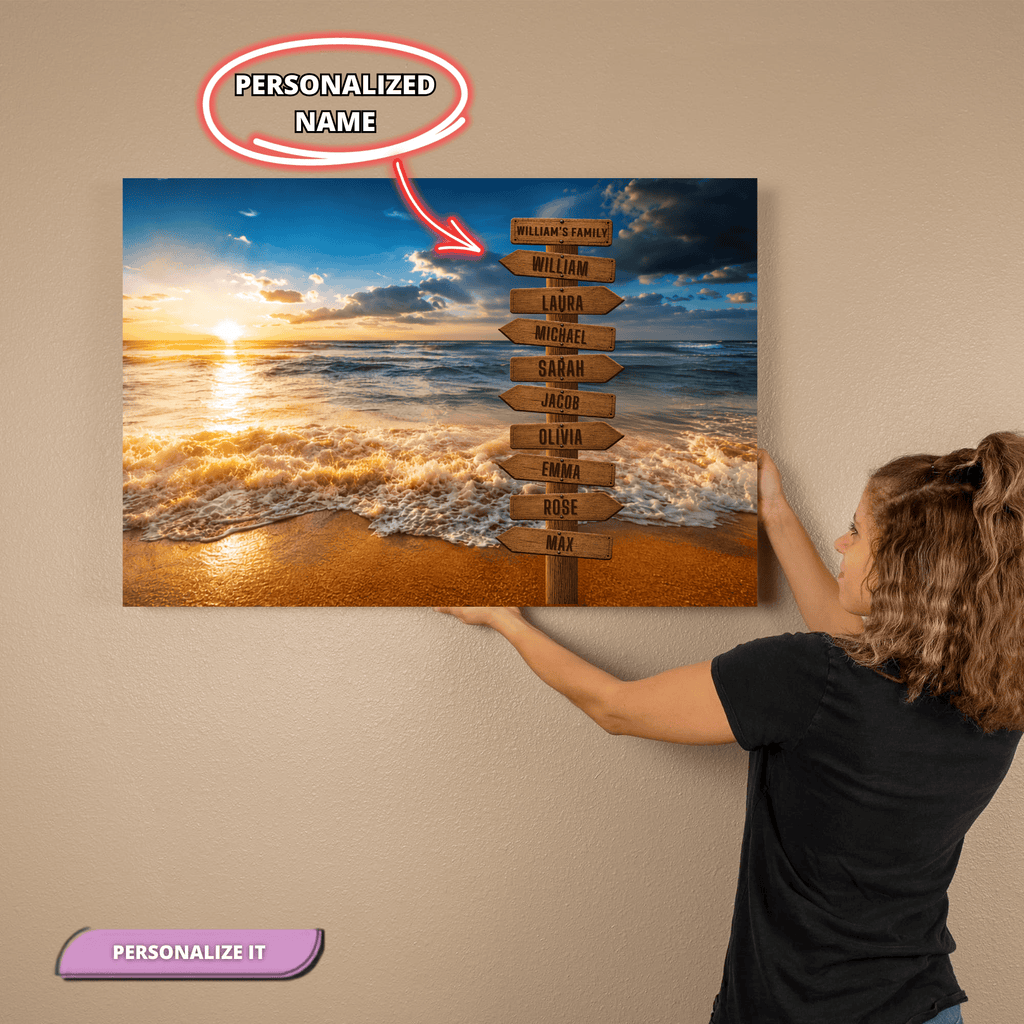 Personalized Beach Family Canvas | Custom Family Name Ocean Wall Art | Family Signpost Canvas | Personalized Family Gift Wall Art