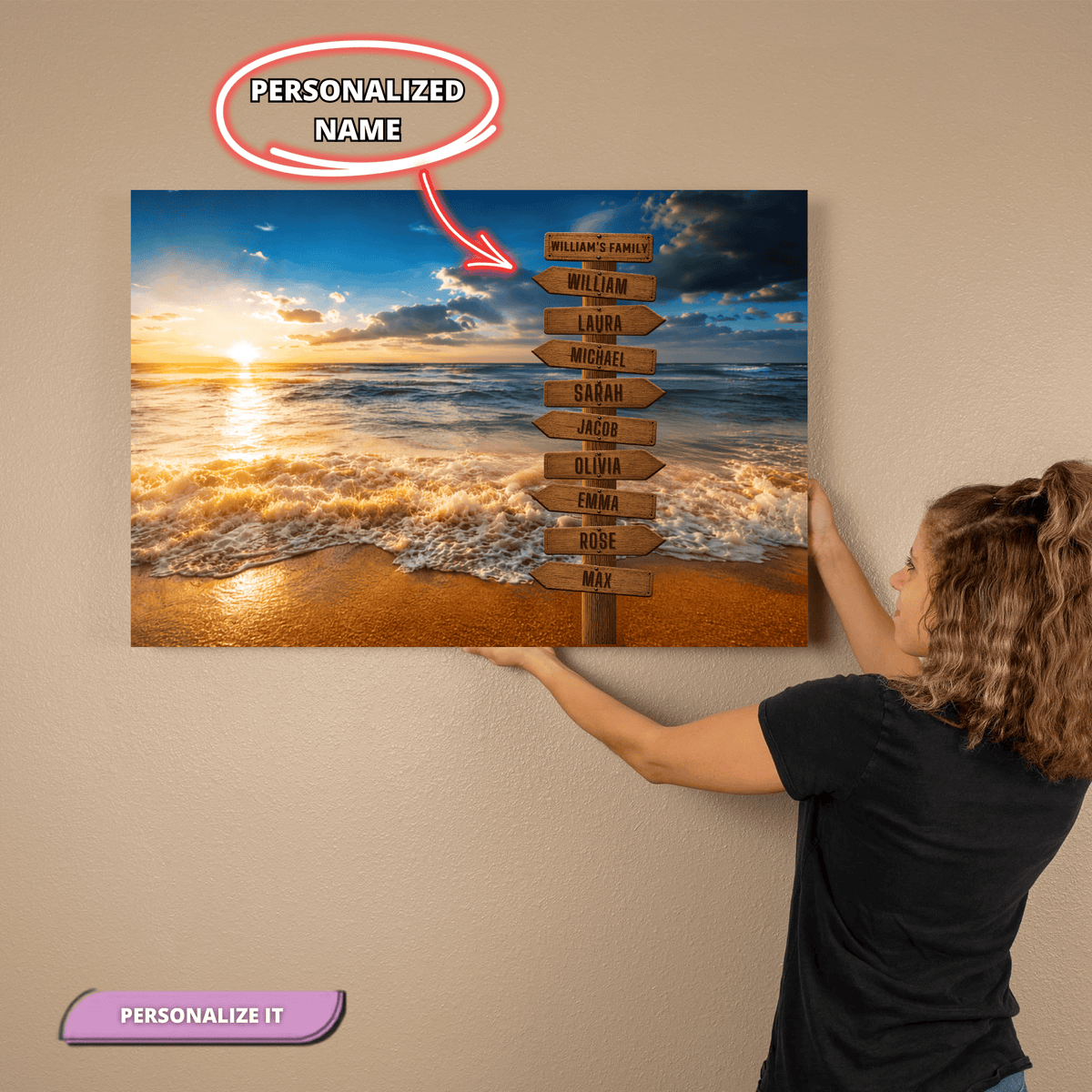 Personalized Beach Family Canvas | Custom Family Name Ocean Wall Art | Family Signpost Canvas | Personalized Family Gift Wall Art
