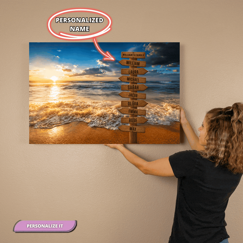 Personalized Beach Family Canvas | Custom Family Name Ocean Wall Art | Family Signpost Canvas | Personalized Family Gift Wall Art