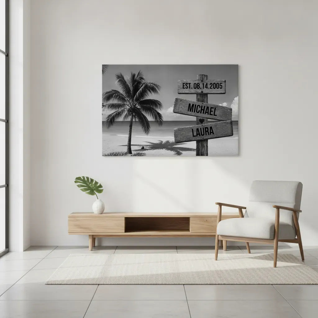 Personalized Beach Sign Canvas | Couple Name Beach Wall Art | Custom Anniversary Canvas | Wedding Date Gift for Couples Wall Art