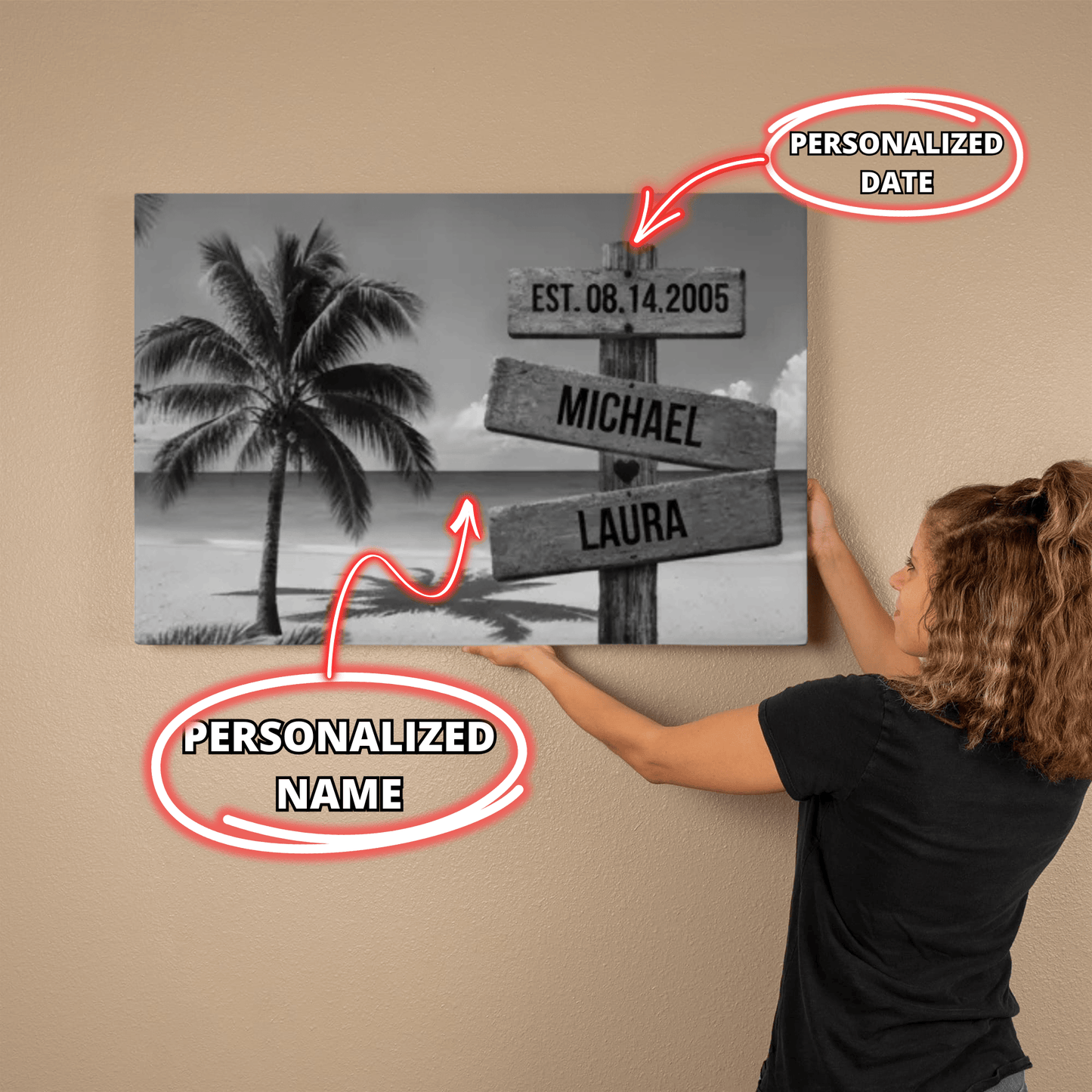 Personalized Beach Sign Canvas | Couple Name Beach Wall Art | Custom Anniversary Canvas | Wedding Date Gift for Couples Wall Art
