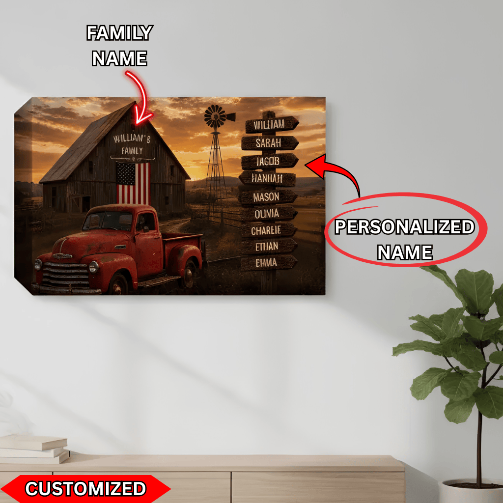 Personalized Family Barn Canvas with Vintage Truck & Custom Name Signpost – Rustic Farmhouse Wall Art wall art