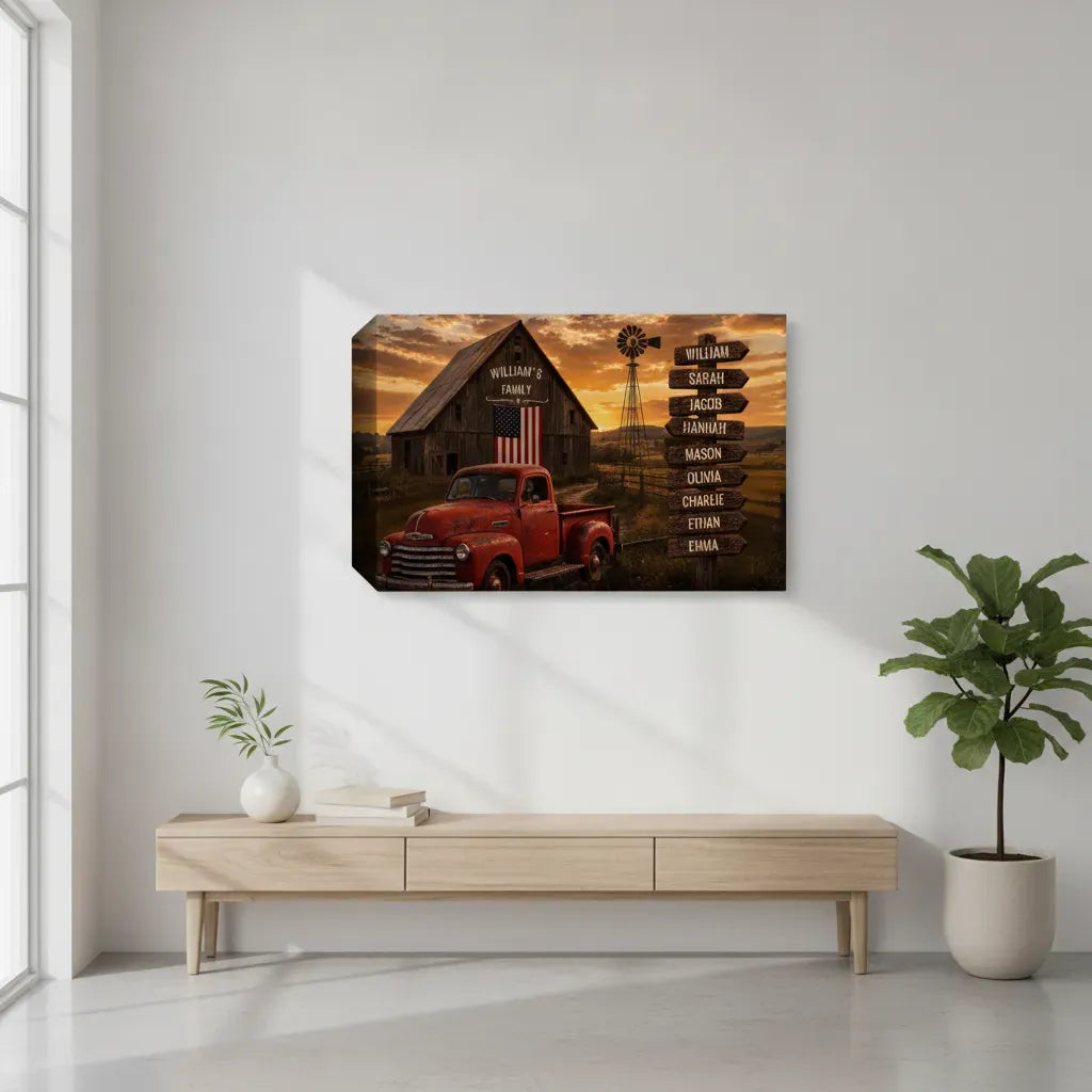 Personalized Family Barn Canvas with Vintage Truck & Custom Name Signpost – Rustic Farmhouse Wall Art wall art