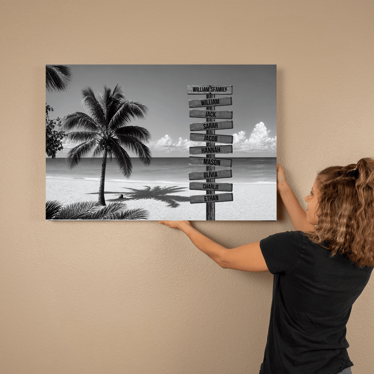 Personalized Family Beach Canvas | Custom Family Name Sign Wall Art | Black & White Coastal Family Decor |Personalized Family Canvas Wall Art