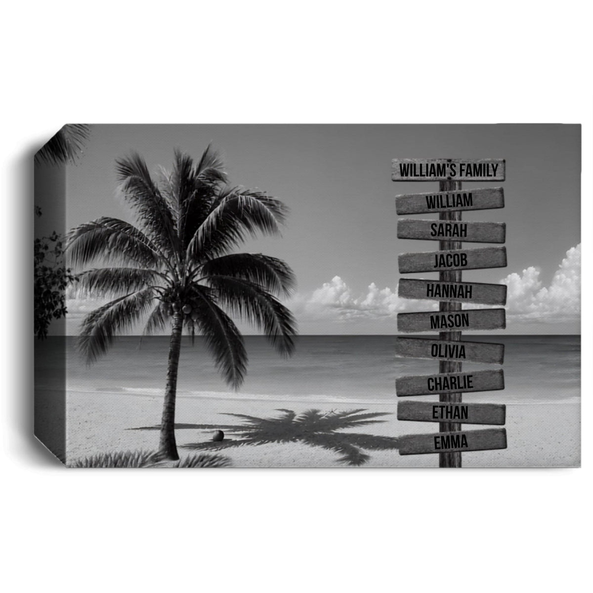 Personalized Family Beach Canvas | Custom Family Name Sign Wall Art | Black & White Coastal Family Decor |Personalized Family Canvas Wall Art